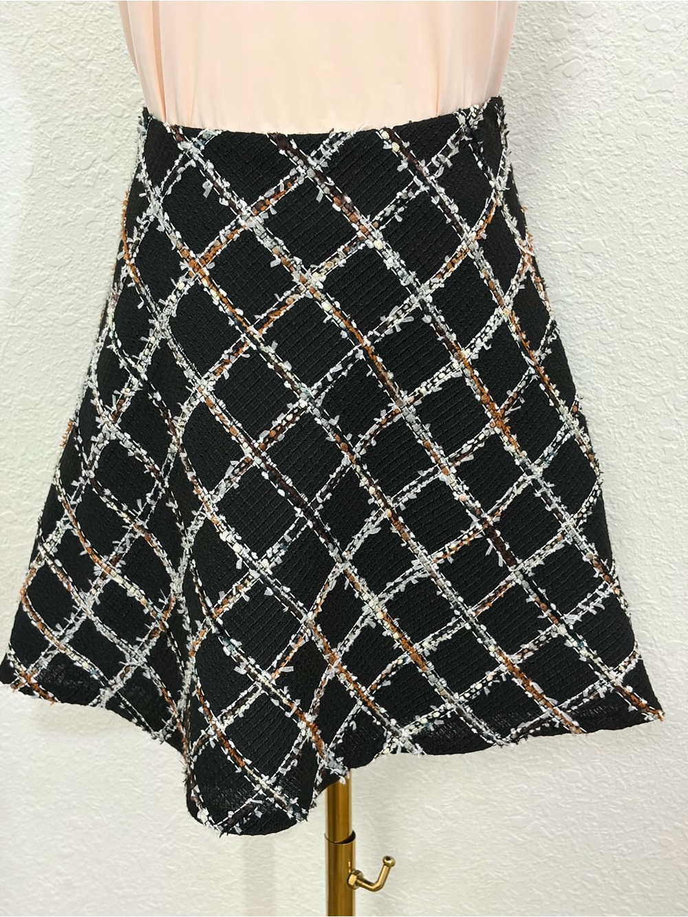 CeCe Black Tweed Circle Skirt with White & Brown Windowpane